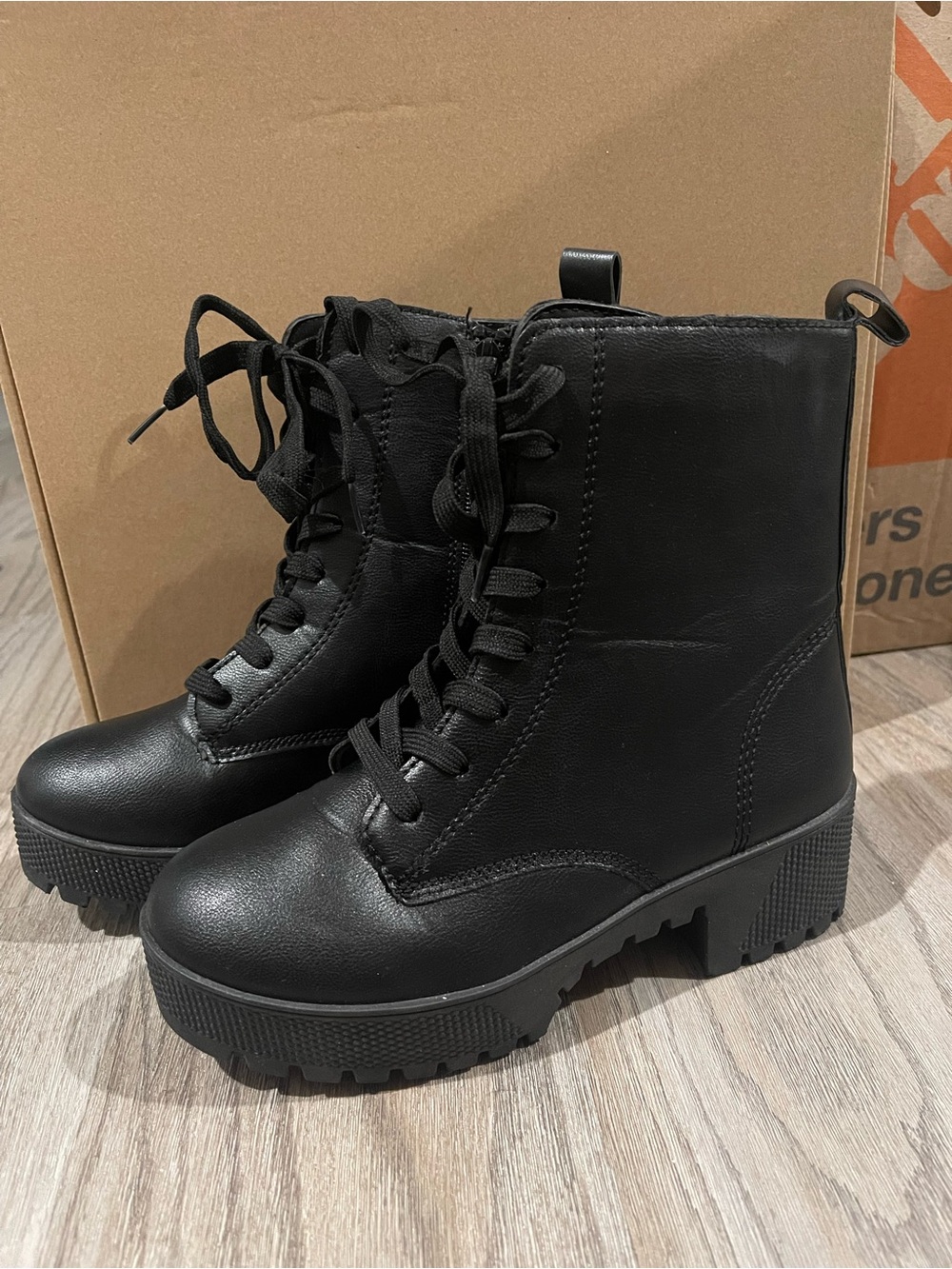 BAMBOO Black Lace-Up Chunky Combat Boots for Women